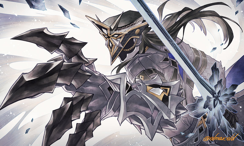 1boy, artist_name, black_hair, black_helm, black_helmet, capitano_(genshin_impact), clawed_gauntlets, elmar