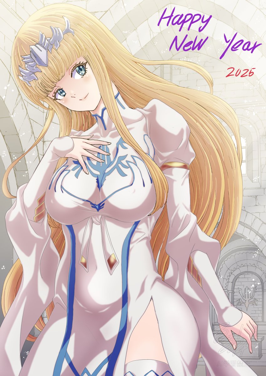 blonde_hair, blue_eyes, calca_bessarez, crown, dress, highres, new_year, overlord_(maruyama)