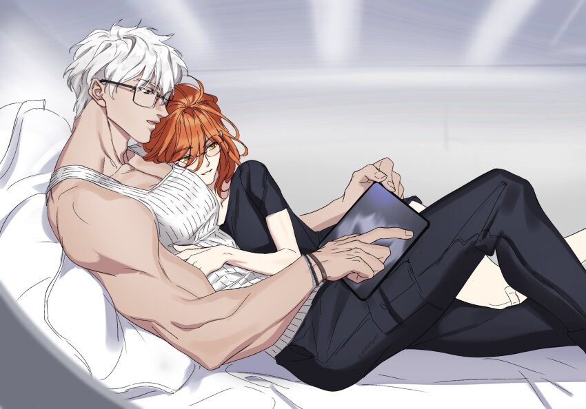 1boy, 1girl, archer_(fate), archer_(summer_casual)_(fate), black_pants, bracelet, commentary_request, dark-skinned_male