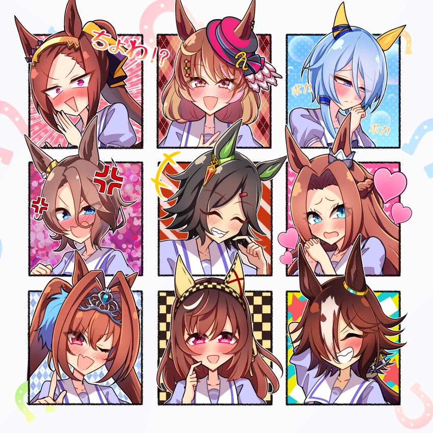 6+girls, a_passing_phantom, absurdres, anger_vein, animal_ears, black_hair, blue_hair, blush, breasts, brown_hair, buena_vista_(umamusume), chart, closed_eyes, closed_mouth, commentary_request, daiwa_scarlet_(umamusume), embarrassed, fang, forehead, grin, hair_ornament, hair_over_one_eye, hairband, hat, heart, highres, horse_ears, horse_girl, k.s.miracle_(umamusume), kawakami_princess_(umamusume), long_hair, looking_at_viewer, medium_hair, multiple_girls, narita_taishin_(umamusume), north_flight_(umamusume), one_eye_closed, open_mouth, ponytail, portrait, purple_eyes, sakura_bakushin_o_(umamusume), school_uniform, smile, tracen_school_uniform, tsundere, twintails, umamusume, vodka_(umamusume), winning_ticket_(umamusume)