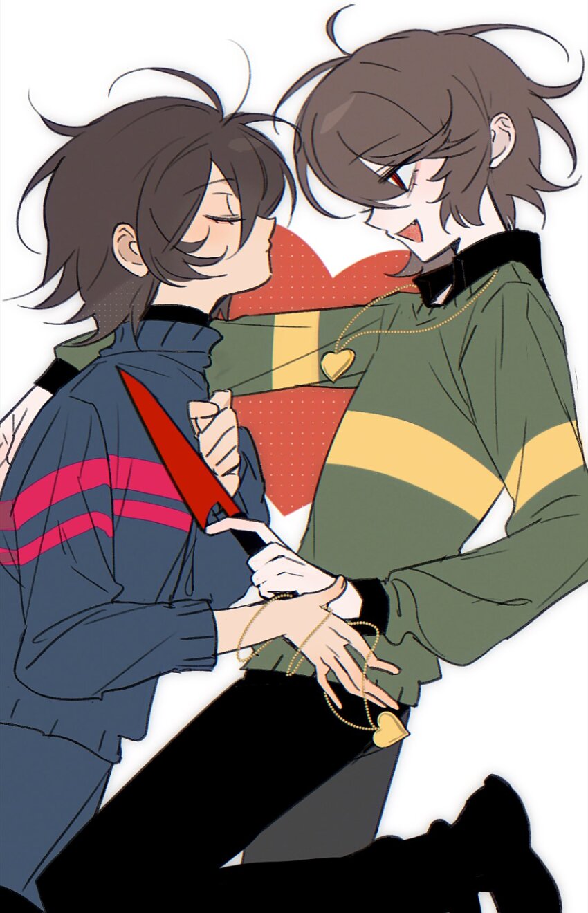 2others, ahoge, blue_sweater, brown_hair, chara_(undertale), chromatic_aberration, closed_eyes, fang, frisk_(undertale), green_sweater, heart, heart_necklace, highres, holding, holding_knife, jewelry, knife, messy_hair, multiple_others, necklace, nuobeiyhengaoxingrenshini, open_mouth, other_focus, red_eyes, short_hair, smile, sweater, undertale, utdr_(toby_fox)