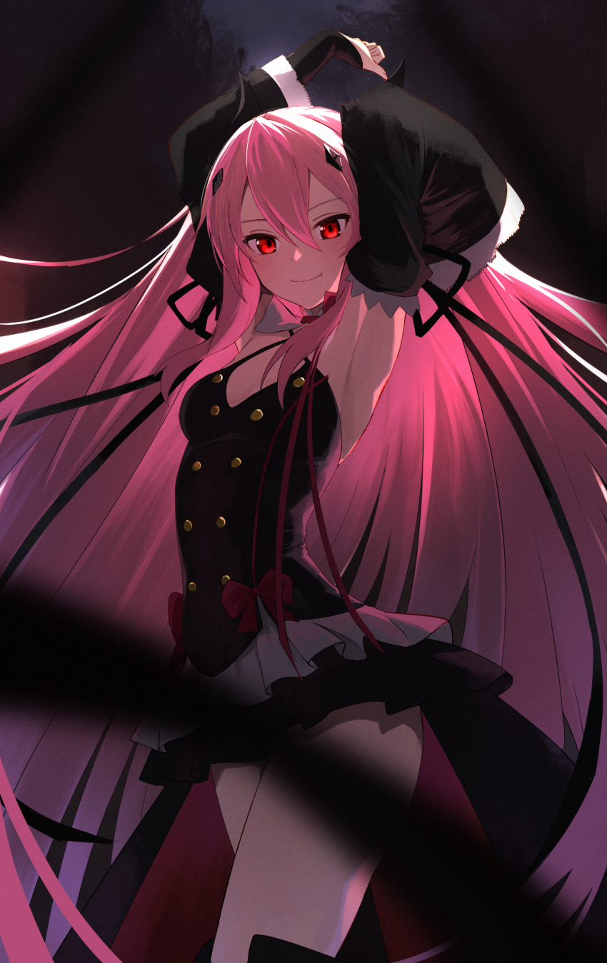 1girl, absurdres, armpits, black_dress, black_ribbon, breasts, closed_mouth, commentary, cowboy_shot, criss-cross_halter, detached_sleeves, dress, frills, furai_sen, halterneck, highres, krul_tepes, long_hair, owari_no_seraph, pink_hair, red_eyes, ribbon, small_breasts, smile, solo, very_long_hair