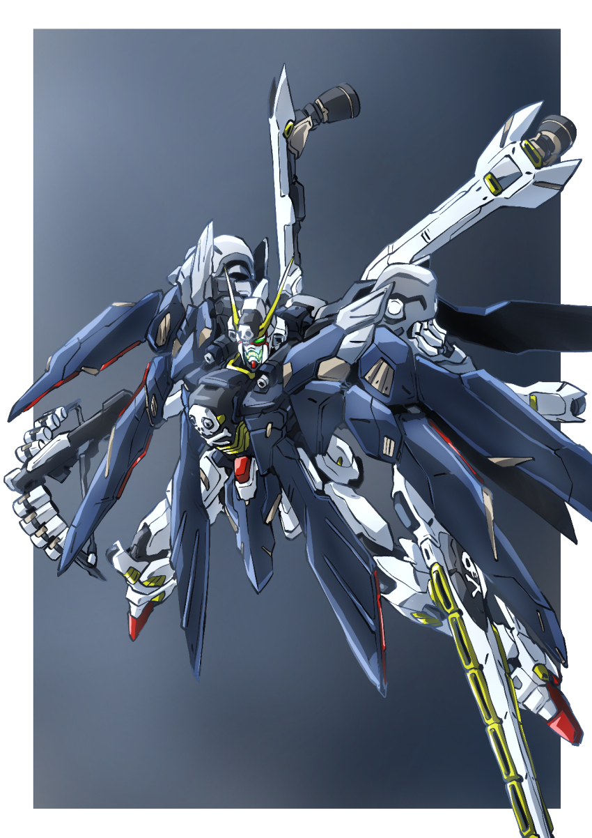 crossbone_gundam, crossbone_gundam_x-1, crossbone_gundam_x-1_full_cloth, green_eyes, gun, gundam, highres, holding