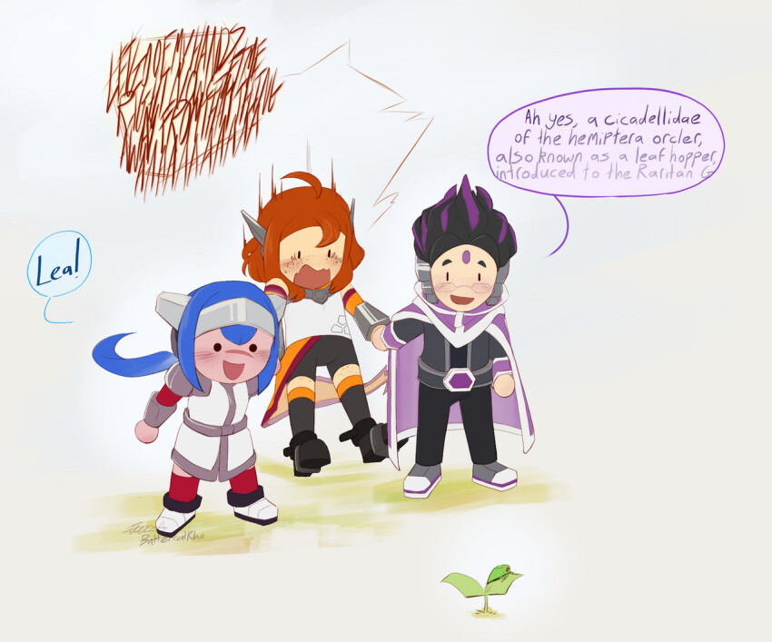 armor, blue_hair, breasts, butterrhocat, crosscode, detached_sleeves, emilie-sophie_de_belmond, hair_between_eyes