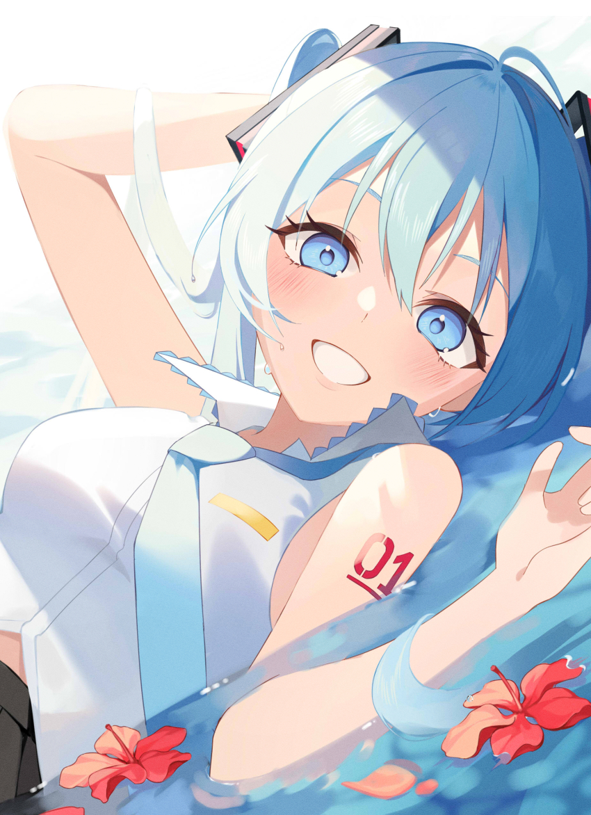 1girl, absurdres, bare_arms, bare_shoulders, blue_eyes, blue_hair, blue_necktie, blush
