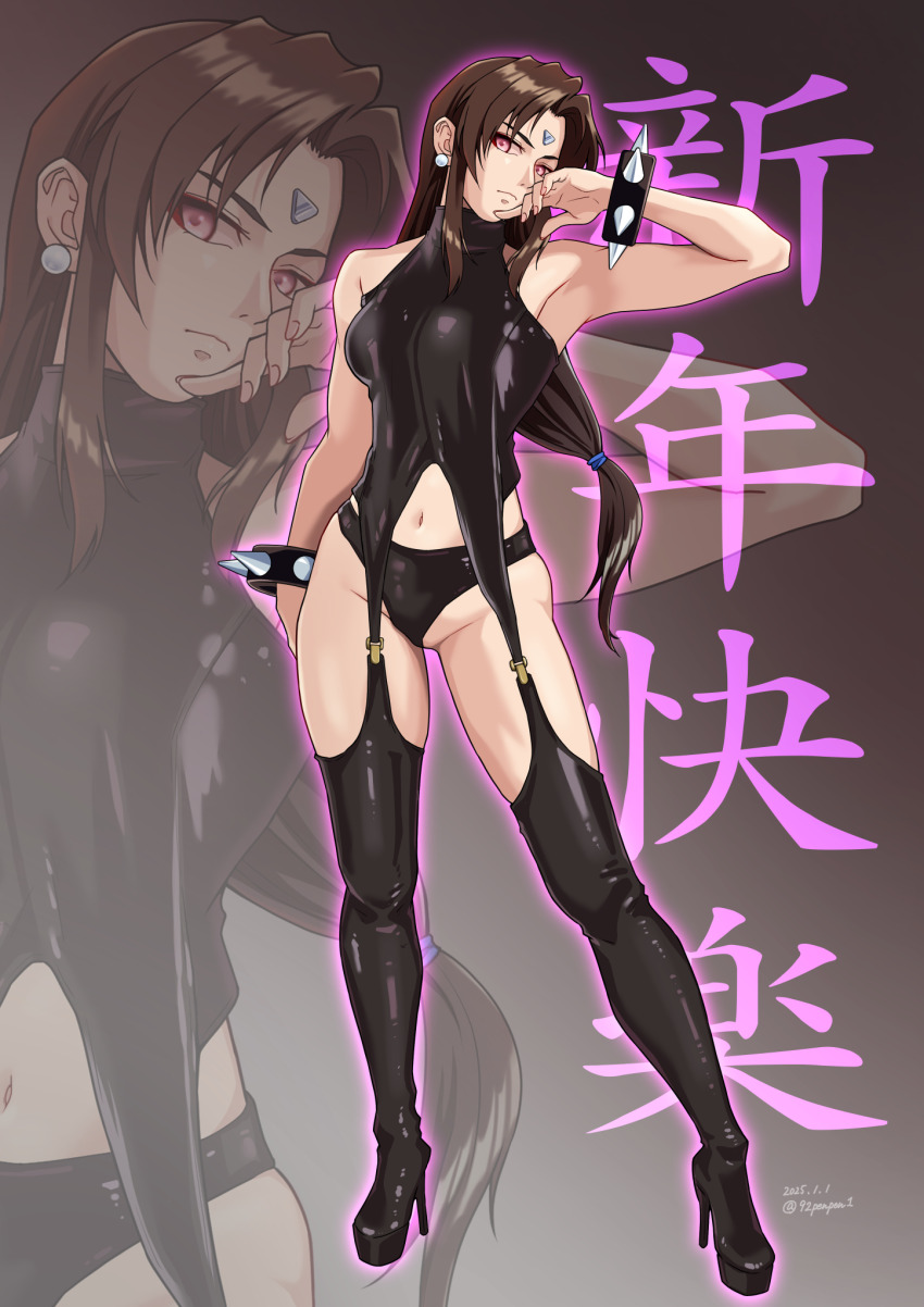 1girl, 92penpen, alternate_costume, alternate_eye_color, alternate_hairstyle, armpits, black_shirt, bracelet