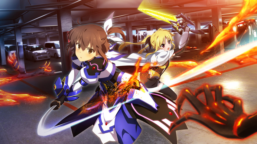 2girls, aradama_(toji_no_miko), armor, armored_dress, armored_gloves, blonde_hair, brown_eyes, brown_hair, cape, car, cosplay, crossover, dress, energy_sword, etou_kanami, fate_testarossa, fate_testarossa_(blaze_iii), game_cg, gloves, holding, holding_weapon, katana, long_hair, looking_at_viewer, lyrical_nanoha, magical_girl, mahou_shoujo_lyrical_nanoha_detonation, motor_vehicle, multiple_girls, official_art, open_mouth, parking_garage, parted_lips, red_eyes, short_hair, slashing, sword, takamachi_nanoha, takamachi_nanoha_(cosplay), toji_no_miko, toji_no_miko:_kizamishi_issen_no_tomoshibi, twintails, v-shaped_eyebrows, weapon, white_cape
