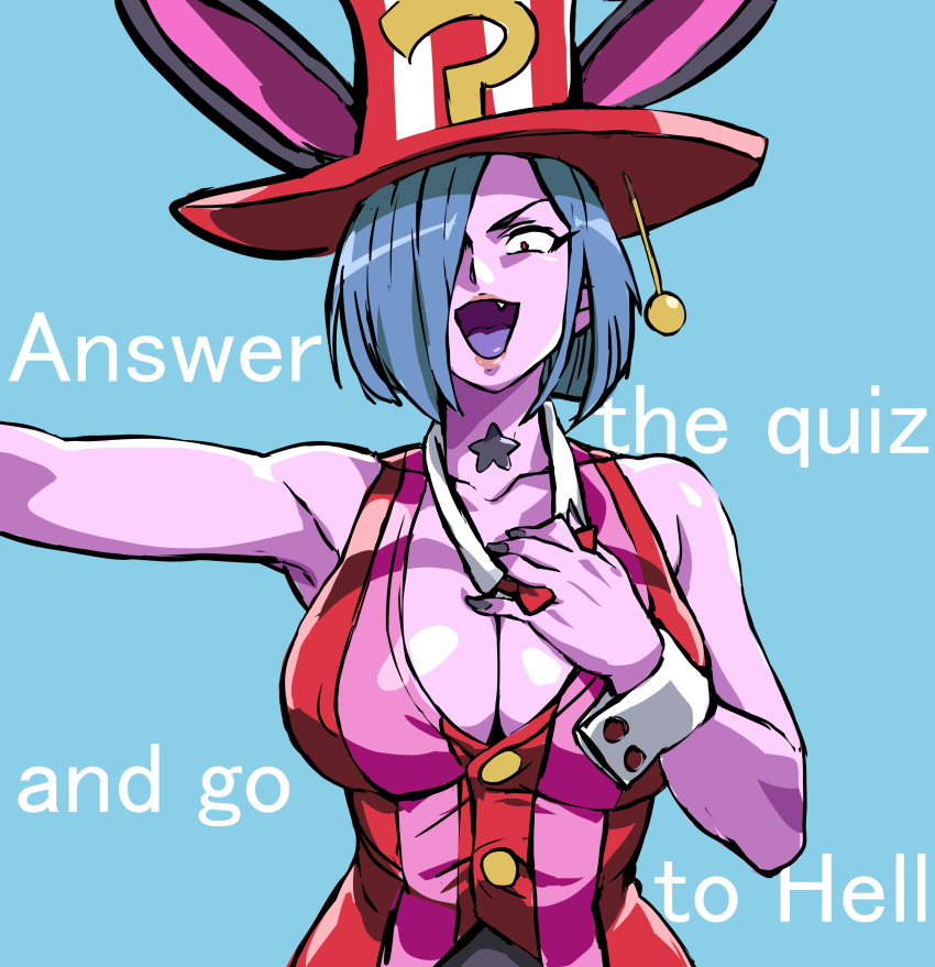 1girl, absurdres, bare_shoulders, bishoujo_senshi_sailor_moon, bishoujo_senshi_sailor_moon_s, breasts, bright_pupils, colored_skin, cowboy_shot, curvy, daimon_(sailor_moon), demon_girl, detached_collar, hat, highleg, highleg_leotard, highres, large_breasts, leotard, mamesi_(suhk8583), open_mouth, pink_skin, playboy_bunny, quiz_(sailor_moon), rabbit_ears, revealing_clothes, shiny_clothes, shiny_skin, short_hair, simple_background, thighs, white_detached_collar, white_wrist_cuffs, wide_hips, wrist_cuffs