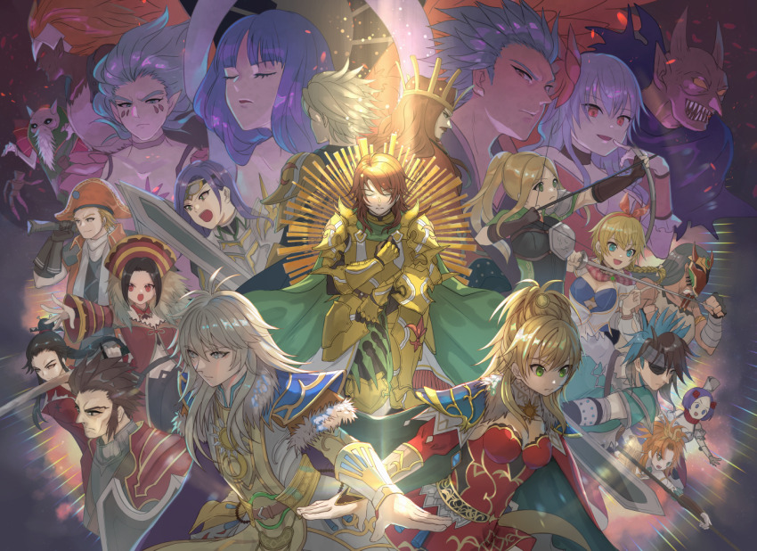 6+boys, 6+girls, aiming, armor, arrow_(projectile), black_hair, blonde_hair, blue_eyes