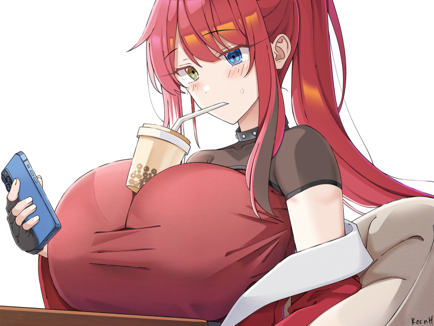 1girl, artist_name, blue_eyes, breast_rest, breasts, breasts_on_table, bubble_tea, bubble_tea_challenge