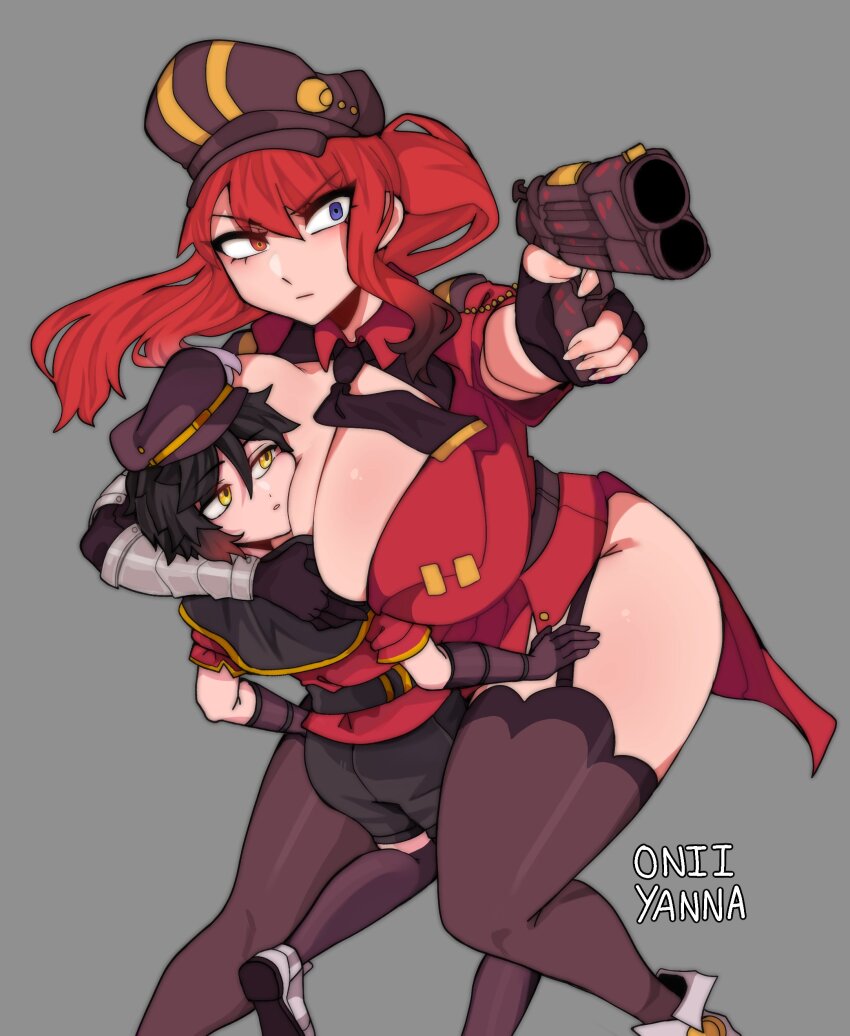 1boy, 1girl, absurdres, age_difference, aiming, black_hair, blue_eyes, breasts, cleavage, cleavage_cutout, clothing_cutout, commission, constricted_pupils, elbow_gloves, fingerless_gloves, gloves, groin, gun, hat, heterochromia, highres, holding, holding_gun, holding_weapon, large_breasts, military, military_hat, military_uniform, necktie, onee-shota, oniiyanna, orange_eyes, original, pelvic_curtain, protecting, red_hair, serious, sharyn_rose, single_elbow_glove, single_fingerless_glove, thick_thighs, thighhighs, thighs, tsurime, weapon, yellow_eyes