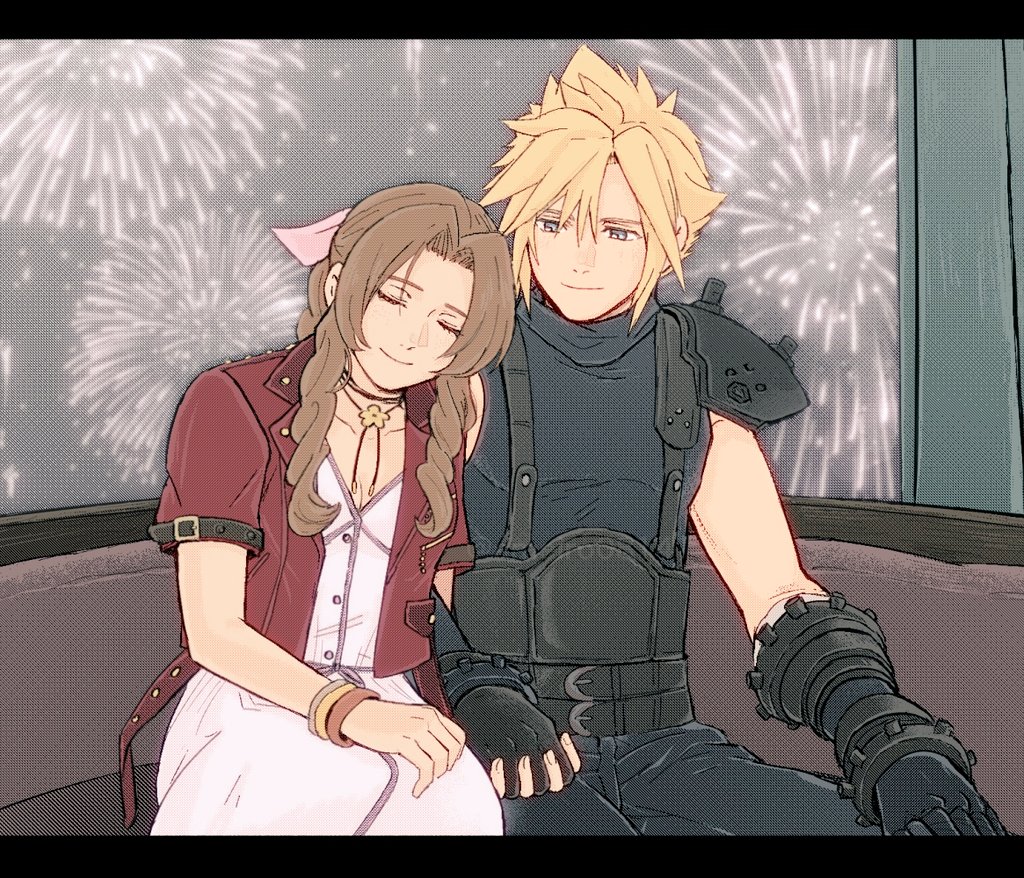 1boy, 1girl, aerith_gainsborough, ameiro0814, armor, bandaged_arm, bandages, bangle, belt, black_gloves, blonde_hair, blue_eyes, bracelet, braid, braided_ponytail, breasts, brown_belt, brown_hair, choker, cleavage, closed_eyes, closed_mouth, cloud_strife, couple, cropped_jacket, dress, final_fantasy, final_fantasy_vii, final_fantasy_vii_rebirth, final_fantasy_vii_remake, fireworks, flower_choker, gloves, gold_saucer, gold_saucer_(final_fantasy), gondola, hair_between_eyes, hair_ribbon, hetero, holding_hands, interlocked_fingers, jacket, jewelry, leaning_on_person, long_dress, long_hair, looking_at_another, medium_breasts, multiple_belts, parted_bangs, pauldrons, pink_dress, pink_ribbon, red_jacket, ribbon, short_hair, short_sleeves, shoulder_armor, sidelocks, single_braid, single_pauldron, sitting, sleeveless, sleeveless_turtleneck, smile, spiked_hair, suspenders, turtleneck