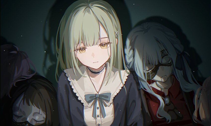 5girls, ave_mujica_(bang_dream!), bang_dream!, bang_dream!_it's_mygo!!!!!, blue_hair, brown_hair, choker, closed_eyes