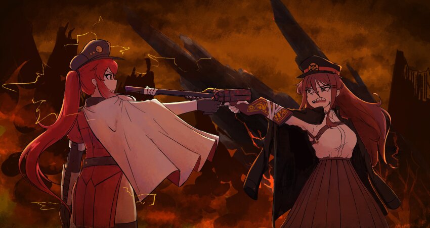 2girls, aiming, atlaszoidac, brown_eyes, brown_hair, commission, fighting_stance, gun