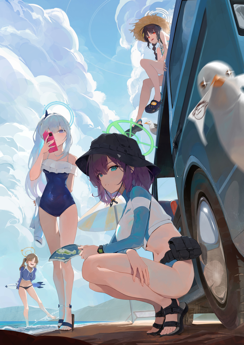 4girls, absurdres, beach, belt, bikini, bird, black_bikini, blue_archive