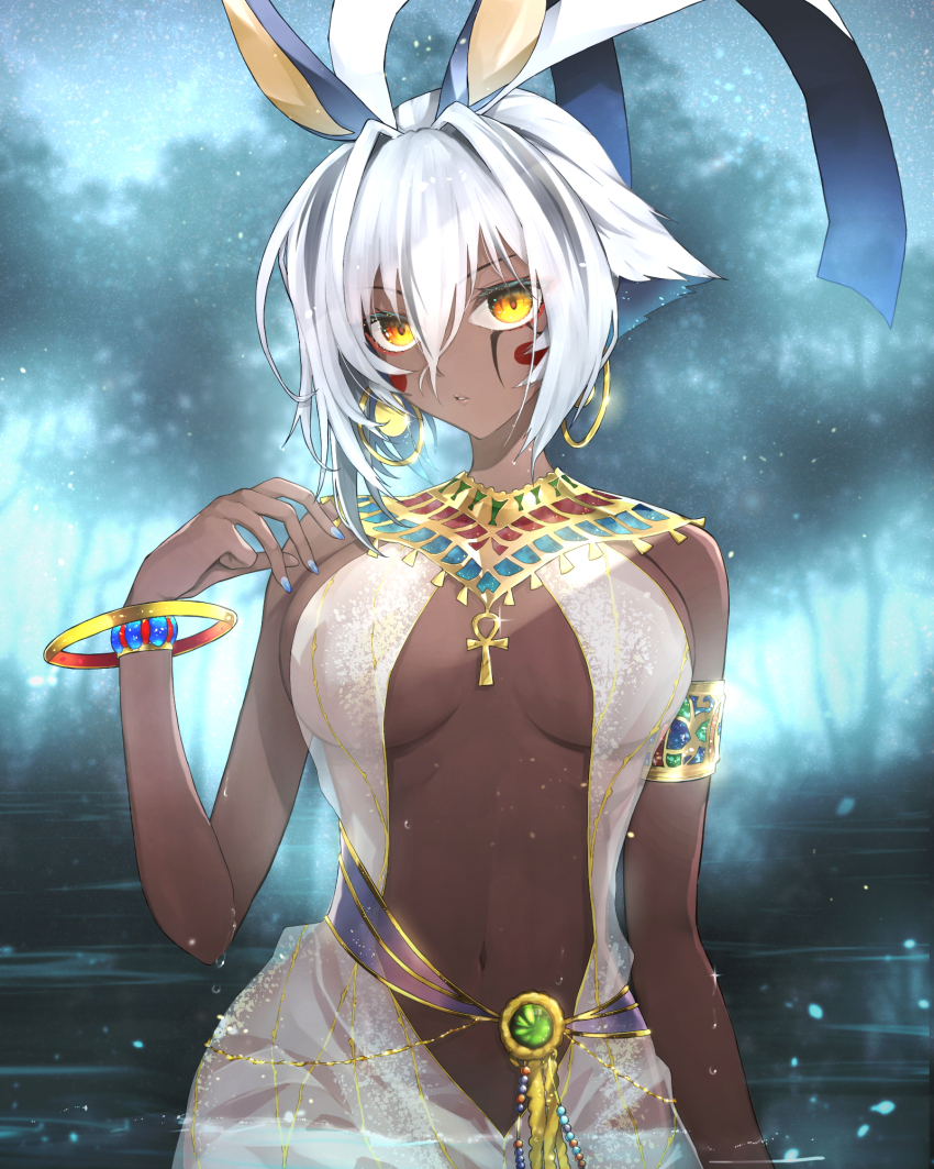 1girl, animal_ears, ankh, antenna_hair, anubis_(mythology), armlet, bare_shoulders, belly_chain
