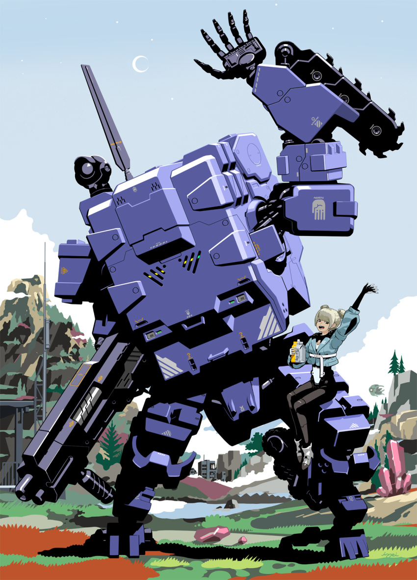 1girl, 1other, android, blonde_hair, blue_sky, crystal, double_bun, food