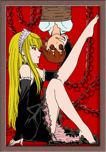 1boy, 1girl, bare_legs, barefoot, bdsm, black_dress, blonde_hair, bondage, bound, bridal_gauntlets, brown_hair, chain, dress, elbow_gloves, femdom, getaroo, gloves, hand_on_another's_face, hetero, hime_(kaibutsu_oujo), hiyorimi_hiro, kaibutsu_oujo, leg_lift, leg_up, legs, long_hair, red_eyes, rope, short_hair, sitting, suspension, tiara, upside-down