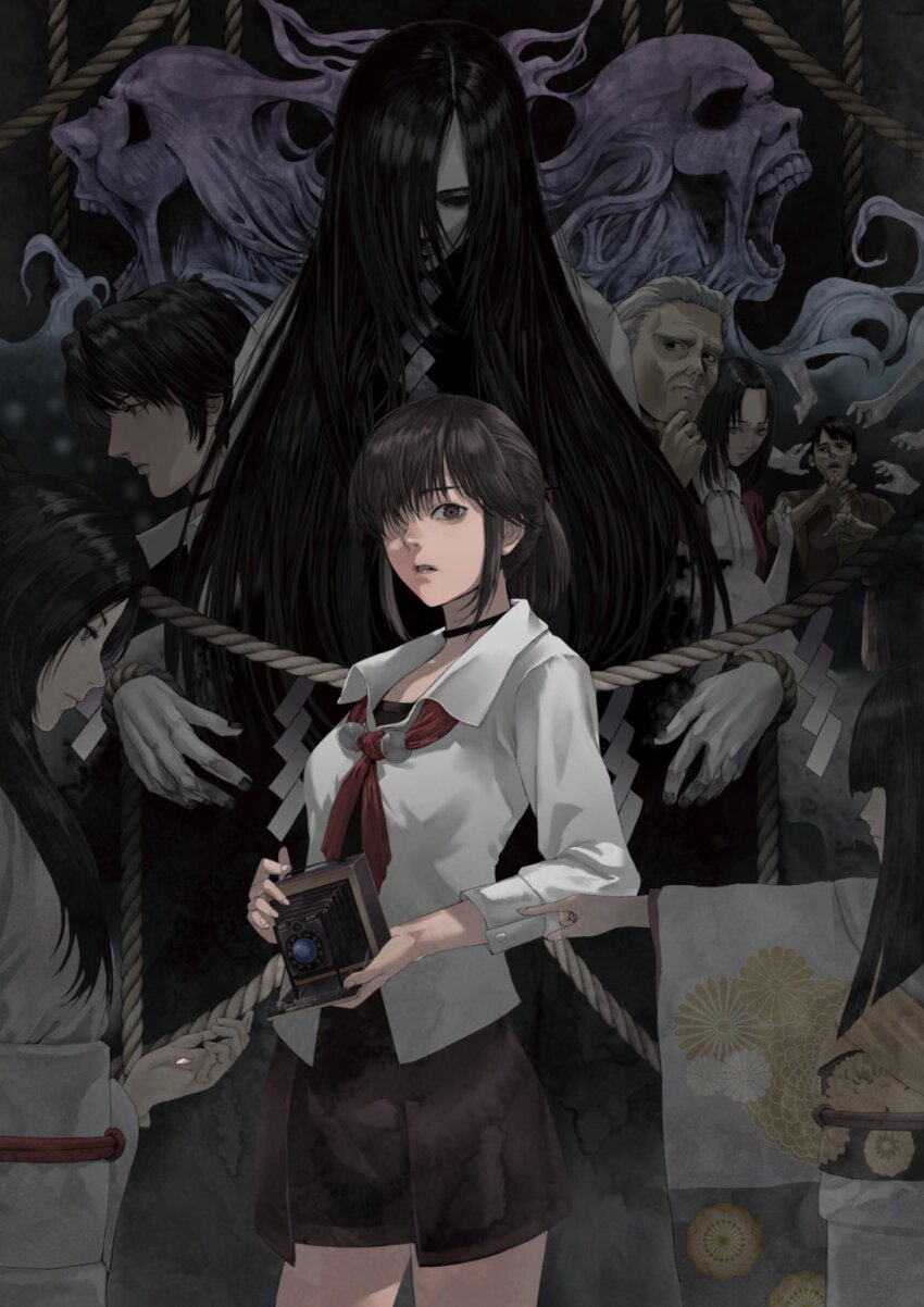 black_choker, black_hair, brown_eyes, brown_hair, camera, character_request, choker, fatal_frame