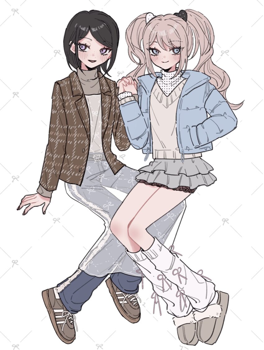 2girls, black_hair, black_panties, blonde_hair, blue_jacket, blue_pants, blush, brown_footwear