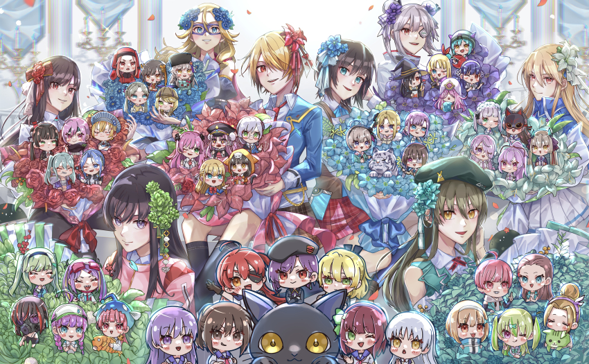 absolutely_everyone, absurdres, ahoge, aikawa_megumi, aoi_erika, asakura_karen_(heaven_burns_red), asami_makiko_(heaven_burns_red), blonde_hair, blue_eyes, blue_flower, blue_hair, blush, bouquet, braid, brown_eyes, brown_hair, bungo_yayoi, byakko_(heaven_burns_red), carole_reaper, cat, character_request, charlotta_skopovskaya, commentary_request, date_akari, everyone, eye_mask, eyepatch, femj2435, flower, gas_mask, glasses, gloves, green_eyes, hair_flower, hair_ornament, hair_over_eyes, hair_over_one_eye, hairband, hanamura_shiki, hat, heaven_burns_red, highres, higuchi_seika, hiiragi_kozue, holding, holding_bouquet, irene_redmayne, ishii_iroha, izumi_yuki, kanzaki_adelheid, kayamori_ruka, kiryuu_miya, kunimi_tama, kura_satomi, kurosawa_maki, li_yingxia, maria_de_angelis, maruyama_kanata, mask, matsuoka_chiroru, mikoto_fubuki, minase_ichigo, minase_sumomo, mizuhara_aina, murohushi_risa, nanase_nanami_(heaven_burns_red), narvy_(heaven_burns_red), natsume_inori, necktie, nikaidou_misato, ogasahara_hisame, one_eye_closed, ooshima_ichiko, ooshima_isuzu, ooshima_minori, ooshima_muua, ooshima_niina, ooshima_yotsuha, open_mouth, pink_hair, purple_eyes, purple_flower, purple_hair, red_flower, red_hair, sakuraba_seira, satsuki_mari, shirakawa_yuina, smile, sugawara_chie, tenne_miko, tezuka_saki, tiger, toujou_tsukasa, tsukishiro_monaka, twin_braids, vritika_balakrishnan, white_hair, witch_hat, yamawaki_bon_ivar, yanagi_mion