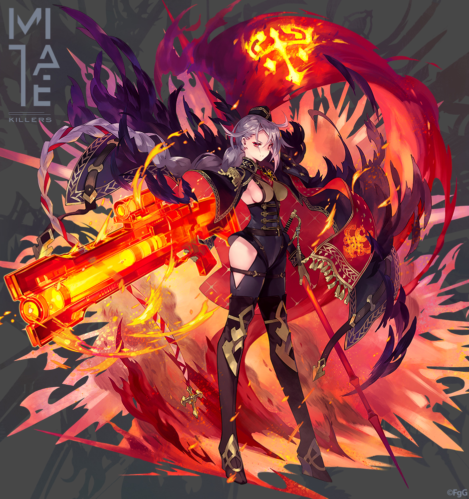 1girl, absurdly_long_hair, asymmetrical_dual_wielding, belt, black_hat, braid, breasts, brown_belt