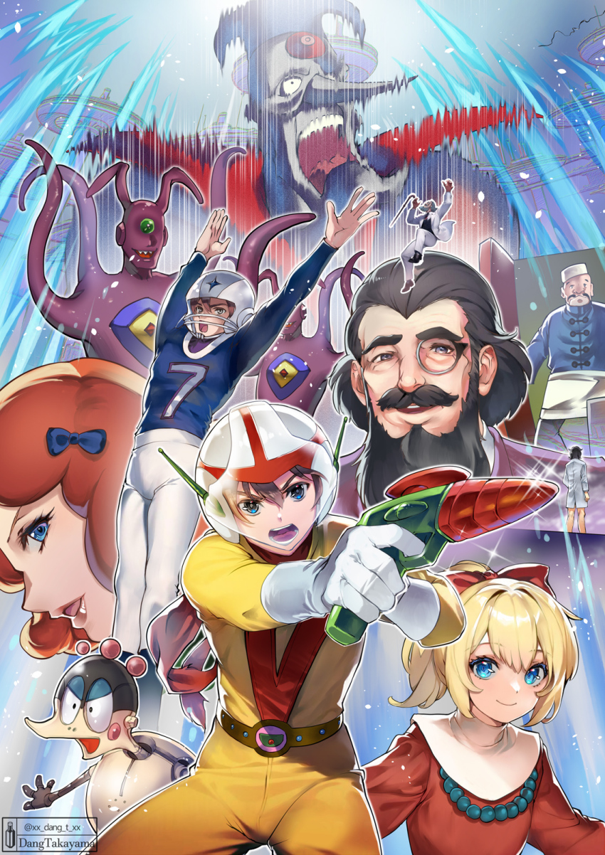 2girls, american_football_helmet, american_football_uniform, bariquand_(chargeman_ken!), beard, black_hair, blonde_hair, blue_bow