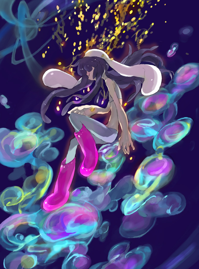 00s, 1girl, afloat, boots, chroniko, closed_eyes, female_focus, floating, glowing, gurunyanya, hat, kaiba, long_hair, midriff, pants, pink_boots, purple_hair, solo, underwater