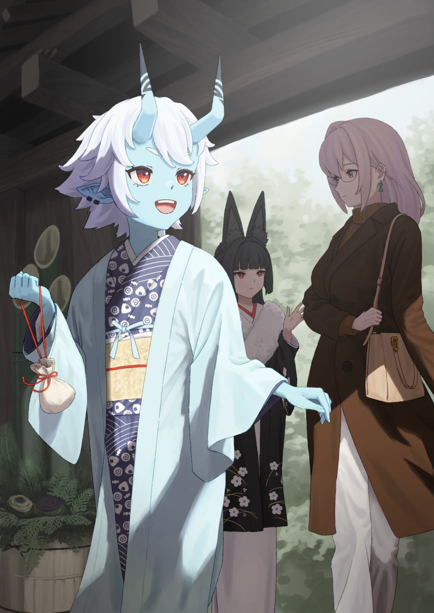 3girls, absurdres, alternate_costume, animal_ear_fluff, animal_ears, black_hair, blue_skin, brown_eyes