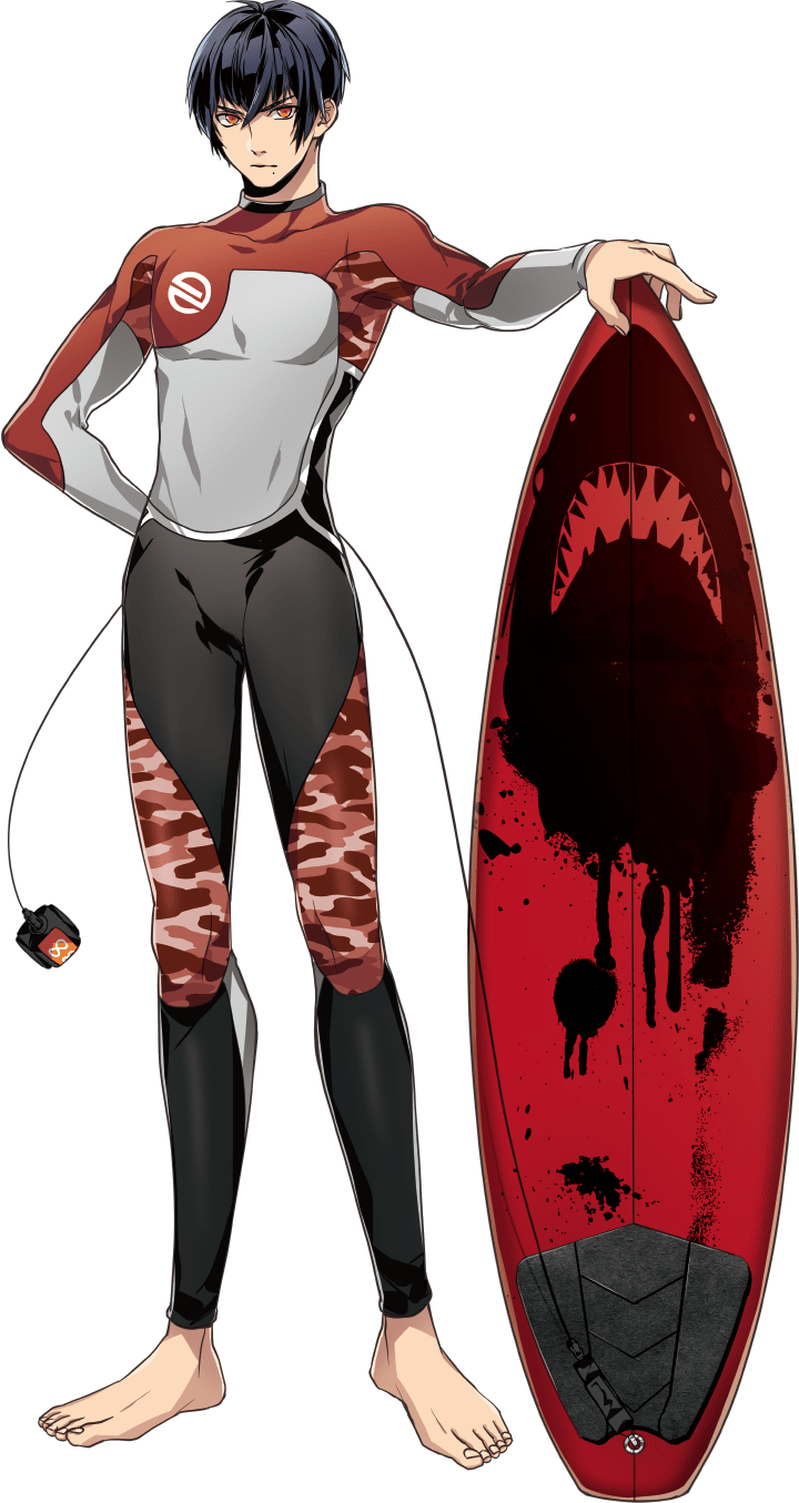 1boy, arm_behind_back, bare_arms, barefoot, black_hair, bodysuit, diving_suit, highres