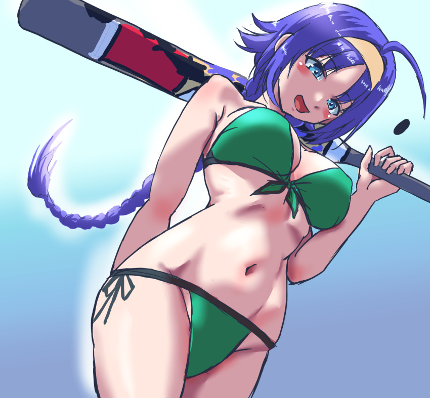 1girl, azur_lane, baseball_bat, bikini, blue_eyes, breasts, green_bikini, hairband