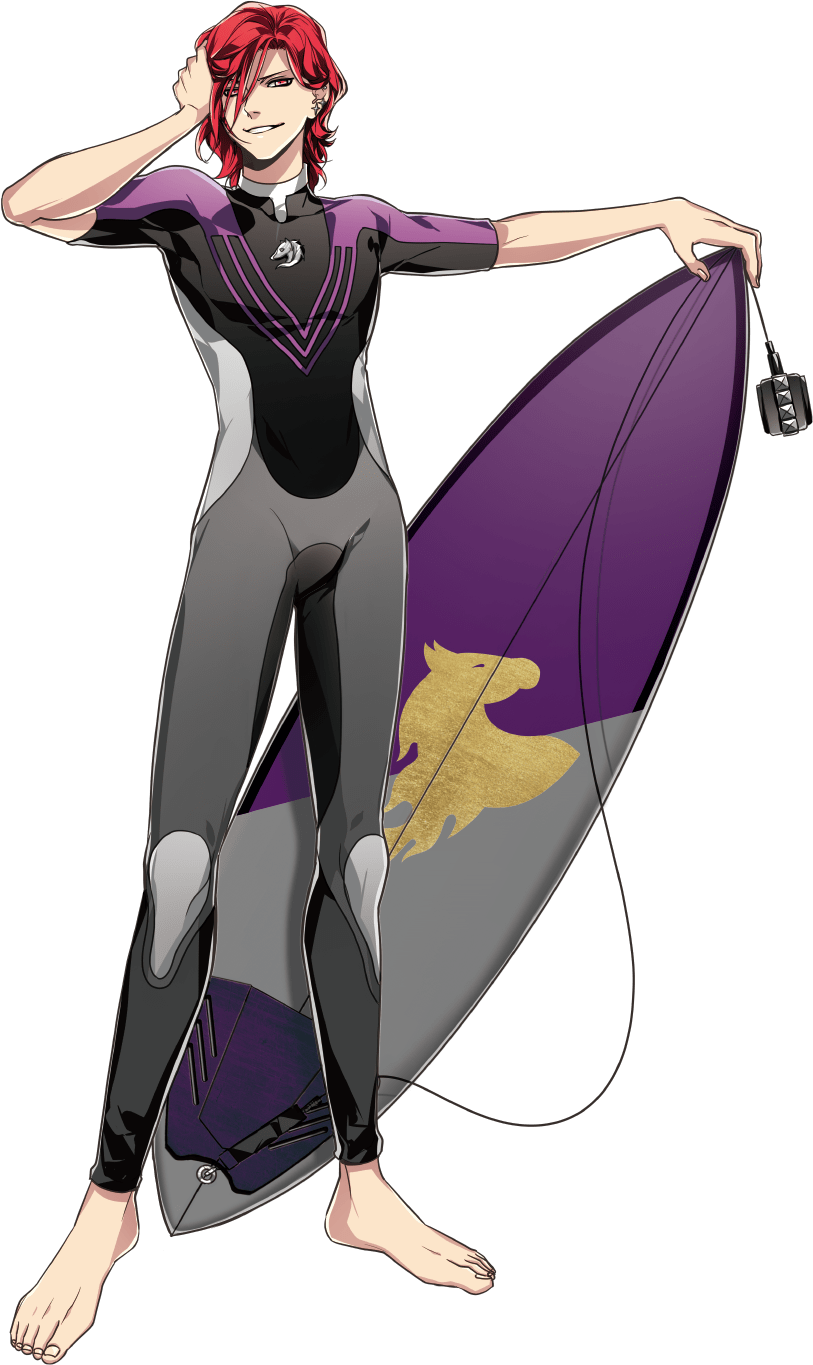 1boy, arm_on_own_head, bare_arms, barefoot, bodysuit, diving_suit, fuke_rindo, full_body, grabbing_own_hair, highres, holding, holding_own_hair, holding_surfboard, male_focus, multicolored_bodysuit, multicolored_swimsuit, multicolored_wetsuit, red_eyes, red_hair, short_sleeves, smile, solo, standing, surfboard, swimsuit, transparent_background, wave!!_surfing_yappe!!, wetsuit