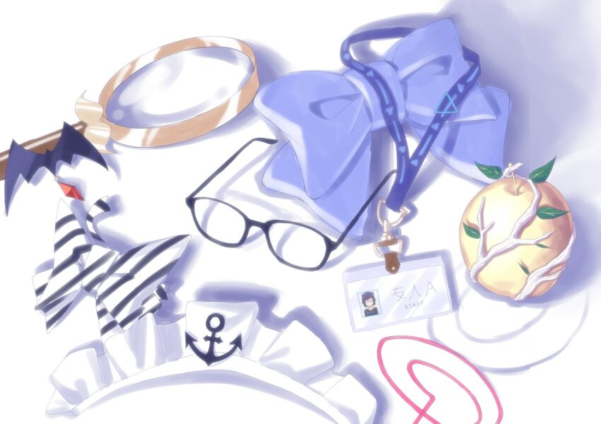 a-chan_(hololive), anchor_ornament, apple, bat_hair_ornament, black_bow, blue_bow, bow, branch
