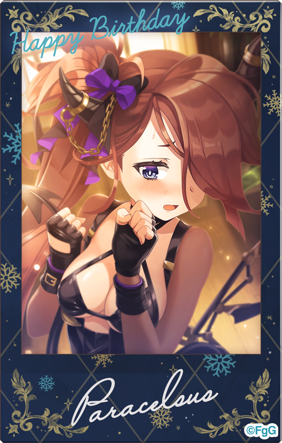 1girl, black_gloves, blush, bow, breasts, brown_hair, character_name, commentary_request