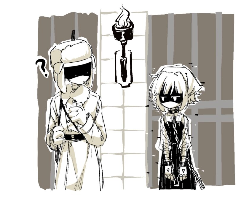 1boy, 1girl, ?, aida_(aidacamelia0516), belt, coat, cowboy_shot, doll's_father_(murder_drones)