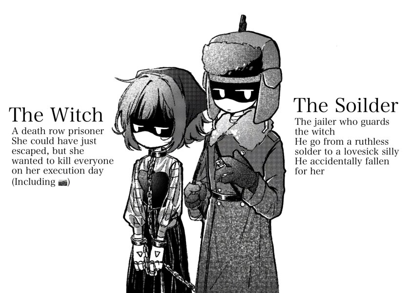 1boy, 1girl, aida_(aidacamelia0516), android, coat, cowboy_shot, doll's_father_(murder_drones), english_text