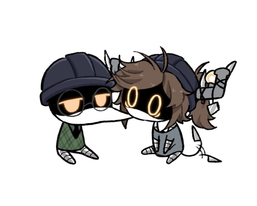 1boy, 1girl, aida_(aidacamelia0516), alice_(murder_drones), android, biting, biting_cheek, black_hat