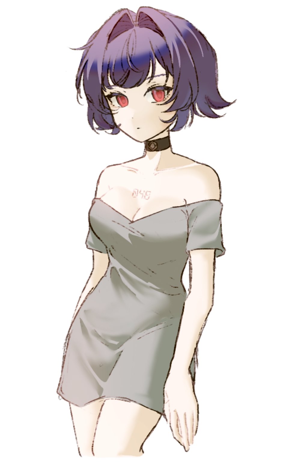 1girl, aida_(aidacamelia0516), bare_shoulders, black_choker, breasts, choker, cleavage, closed_mouth