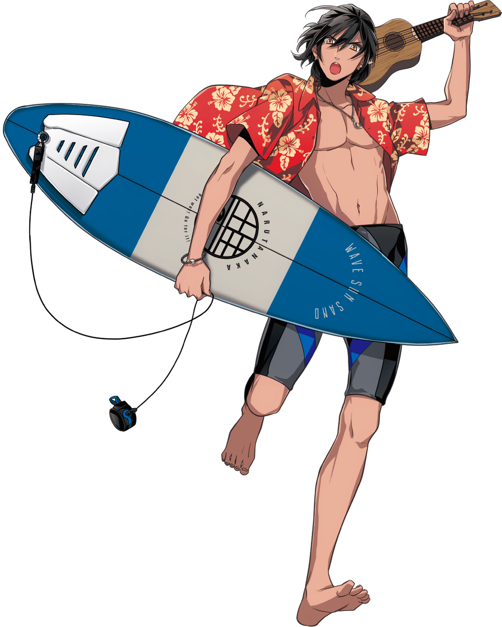 1boy, black_hair, dark-skinned_male, dark_skin, earrings, hawaiian_shirt, highres, holding, holding_instrument, holding_surfboard, holding_ukulele, instrument, jewelry, leg_up, male_focus, male_swimwear, necklace, open_clothes, open_shirt, shirt, surfboard, swim_trunks, tanaka_nalu, transparent_background, ukulele, wave!!_surfing_yappe!!, yellow_eyes