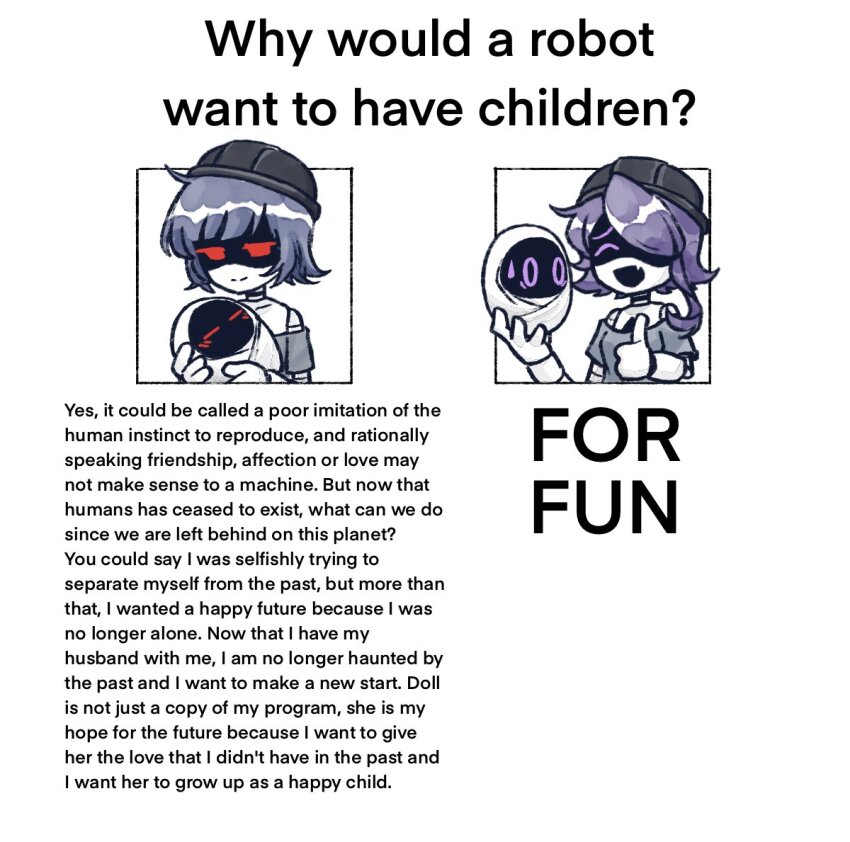 2girls, aida_(aidacamelia0516), android, baby, black_hat, carrying, carrying_baby, carrying_person, closed_mouth, doll_(murder_drones), english_text, grey_shirt, hands_up, hat, mother_and_child, mother_and_daughter, multiple_girls, murder_drones, neon_lights, nori_(murder_drones), off-shoulder_shirt, off_shoulder, open_mouth, parent_and_child, purple_hair, red_eyes, shirt, short_hair, simple_background, smile, thumbs_up, uzi_(murder_drones), white_background, yeva_(murder_drones)