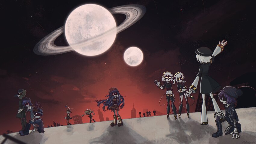 4boys, 6+girls, aida_(aidacamelia0516), alice_(murder_drones), arm_up, black_coat, black_hairband, black_hat