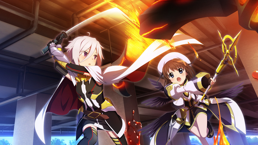 2girls, :d, ahoge, aradama_(toji_no_miko), armor, armored_dress, black_dress, black_footwear, black_thighhighs, black_wings, blue_eyes, brown_hair, cape, cosplay, crossover, dress, fate_testarossa, fate_testarossa_(cosplay), faulds, feathered_wings, game_cg, gauntlets, gloves, grey_hair, hair_between_eyes, hat, holding, holding_staff, holding_sword, holding_weapon, itomi_sayaka, katana, long_sleeves, looking_at_another, lyrical_nanoha, magical_girl, mahou_shoujo_lyrical_nanoha_detonation, multiple_girls, multiple_wings, official_art, open_mouth, parted_lips, purple_eyes, short_hair, sleeveless, sleeveless_dress, smile, staff, sword, thighhighs, toji_no_miko, toji_no_miko:_kizamishi_issen_no_tomoshibi, weapon, white_cape, white_hat, wings, yagami_hayate