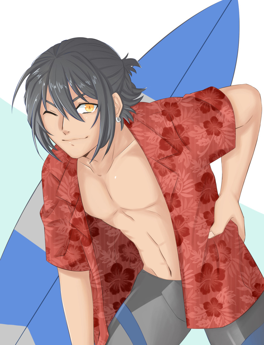 1boy, dark-skinned_male, dark_skin, earrings, hawaiian_shirt, highres, jewelry, light_smile, male_focus, male_swimwear, one_eye_closed, shirt, simple_background, solo, surfboard, swim_trunks, tanaka_nalu, ume_miiyu, wave!!_surfing_yappe!!, yellow_eyes