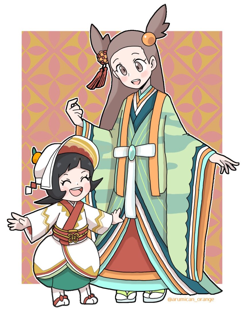 2girls, black_hair, blush_stickers, brown_eyes, brown_hair, closed_eyes, eyelashes, food