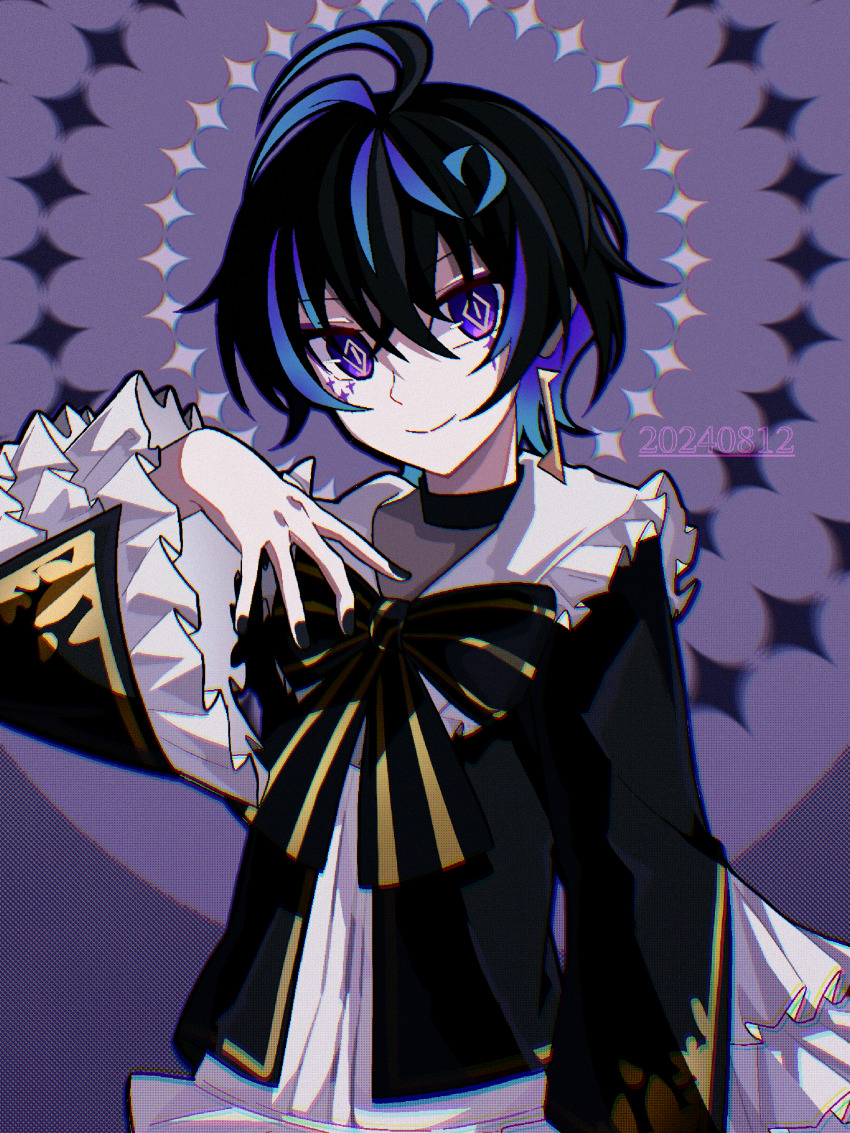1boy, 2024, absurdres, ahoge, black_hair, blue_hair, bow, bowtie