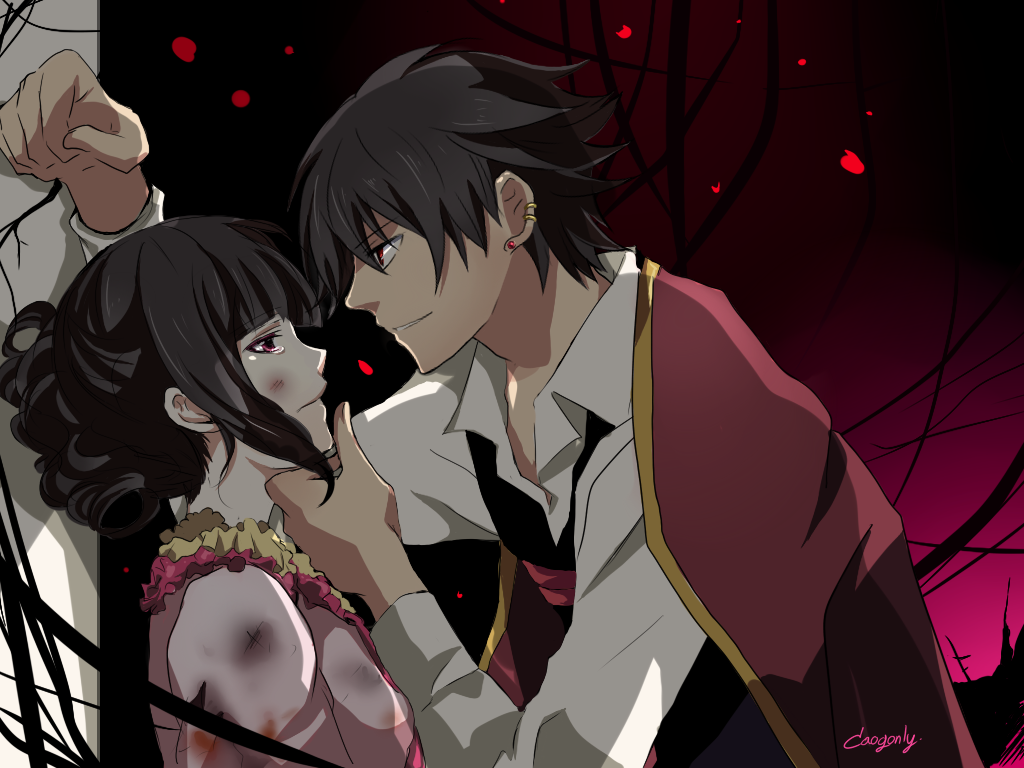 1boy, 1girl, against_wall, ahim_de_famille, animification, black_hair, brown_hair, bruise