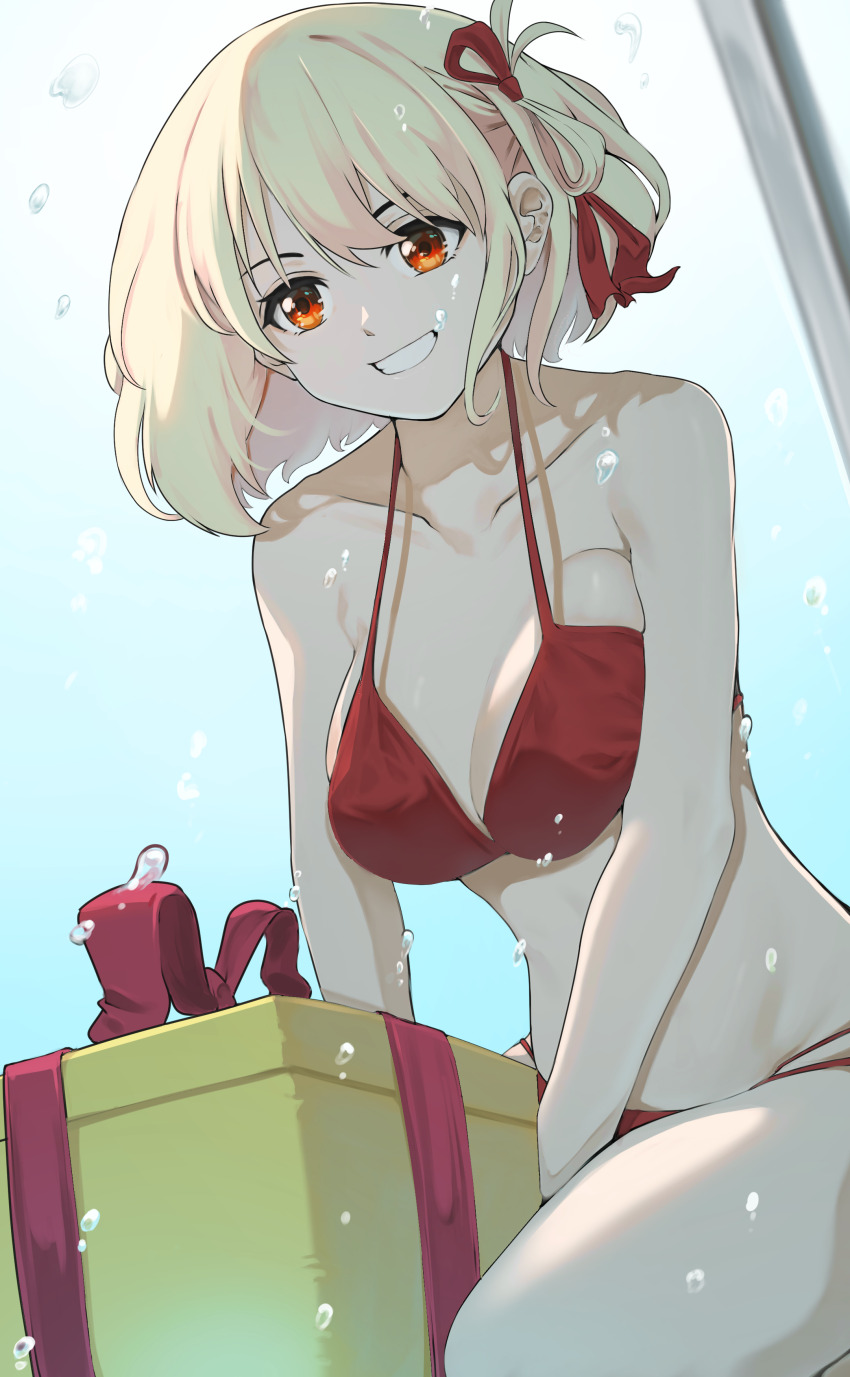 1girl, absurdres, bikini, biru_saeika, blonde_hair, box, breasts, cleavage