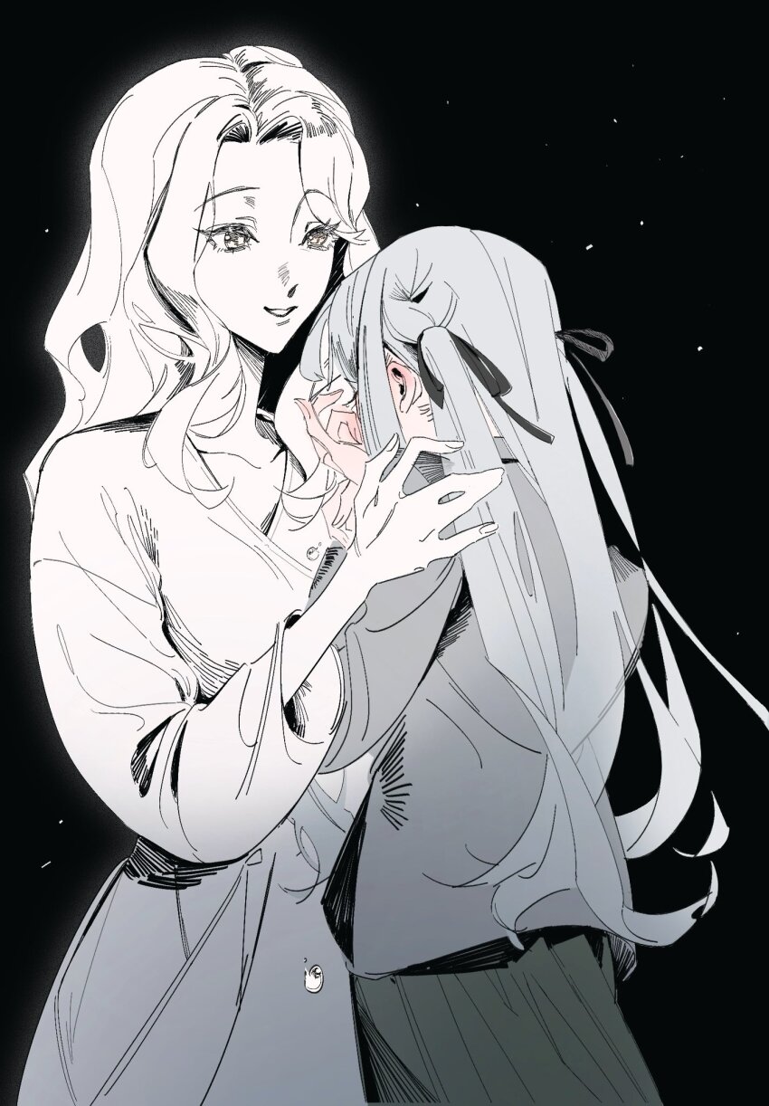 2girls, bang_dream!, bang_dream!_it's_mygo!!!!!, black_ribbon, blue_hair, chinese_commentary, commentary_request, corrupted_twitter_file