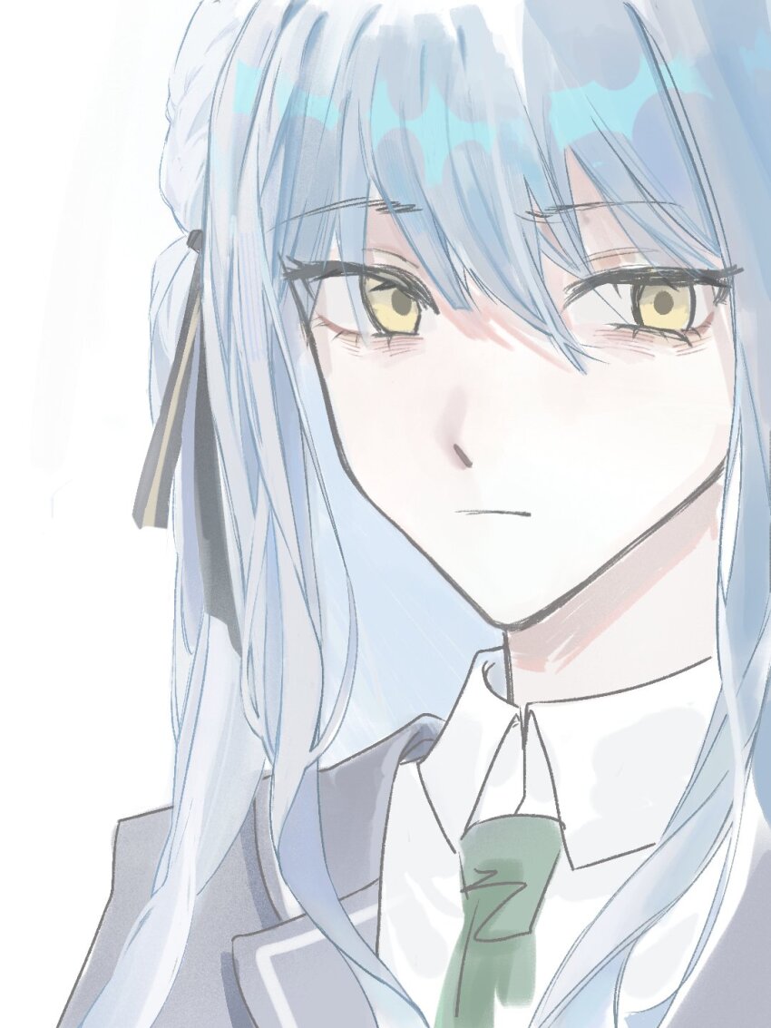 1girl, bang_dream!, bang_dream!_it's_mygo!!!!!, black_ribbon, blue_hair, collared_shirt, green_necktie, grey_jacket, hair_ribbon, haneoka_school_uniform, highres, jacket, jlyamlc, long_hair, necktie, ribbon, school_uniform, shirt, sidelocks, simple_background, solo, togawa_sakiko, upper_body, white_background, white_shirt, yellow_eyes