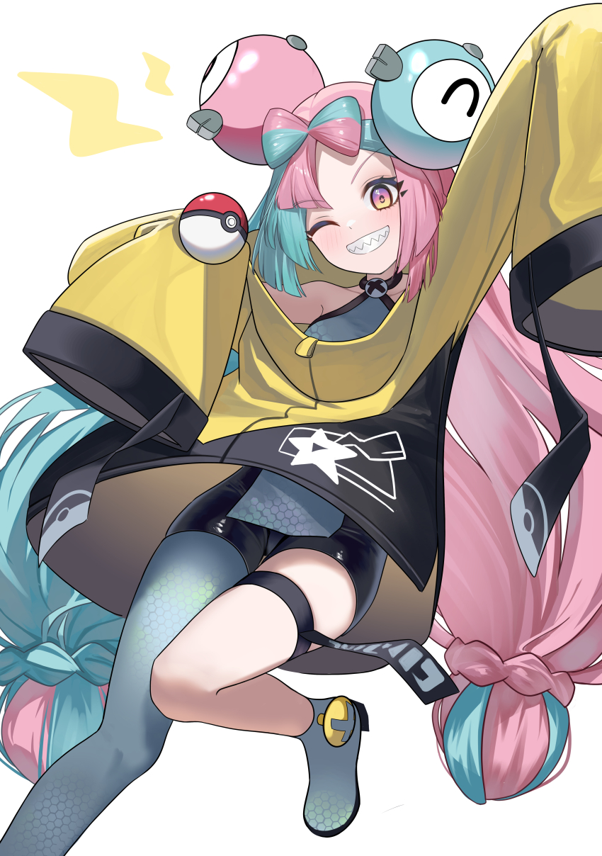 1girl, absurdres, bike_shorts, bow-shaped_hair, character_hair_ornament, commentary_request, grey_pantyhose, grey_shoes